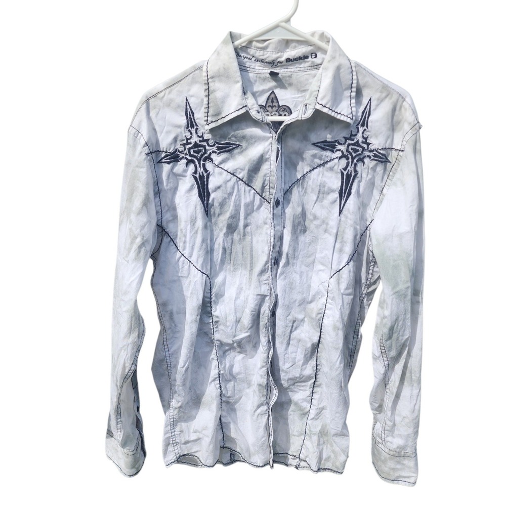 Roar Buckle Mens Western Shirt White Gray Tie Dye Embroidered Cross Long Sleeve